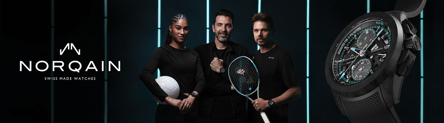NORQAIN ambassadors wearing Wild ONE watches, with a football and tennis racket.