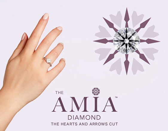 Hand wearing Amia Diamond engagement ring with Hearts and Arrows cut, premium sparkle and precision