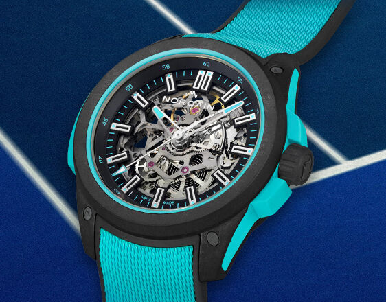 NORQAIN Independence skeleton watch with a turquoise strap and black case.