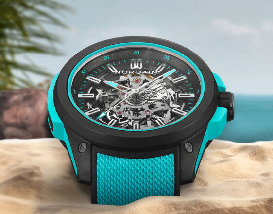 NORQAIN Independence Skeleton automatic watch with open-worked dial and black rubber strap