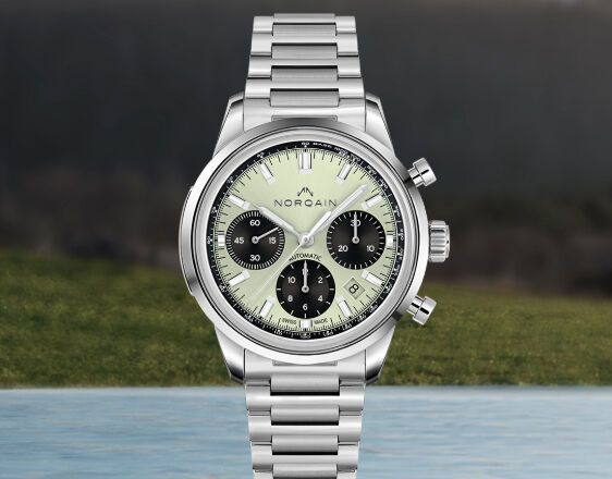 NORQAIN Freedom 60 chronograph with pistachio green dial and black sub-dials on stainless steel bracelet