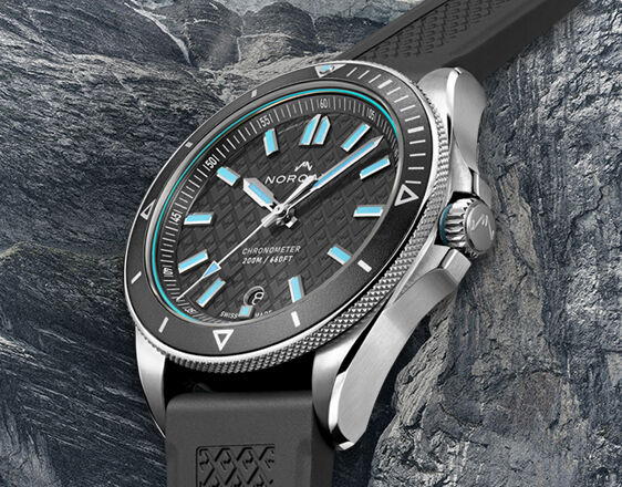 NORQAIN Adventure watch with a black dial and strap, set against a rocky background.