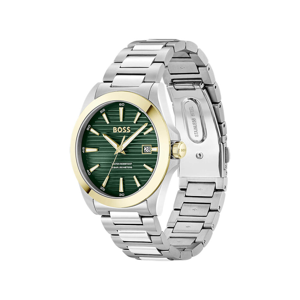 BOSS Strike 41mm Green Textured Dial Gold Tone Bezel Steel Bracelet Watch