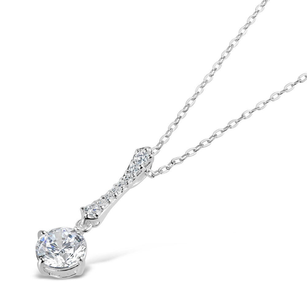 Sterling Silver Round Cubic Zirconia & Pave Bar Drop Pendant (Chain Included)