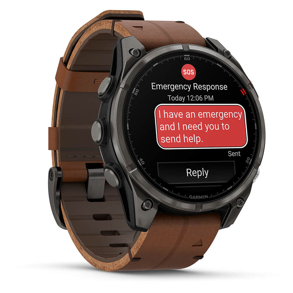 Garmin fenix 8 Pro AMOLED 47mm Carbon Grey DLC Titanium Case Brown Leather Strap Watch