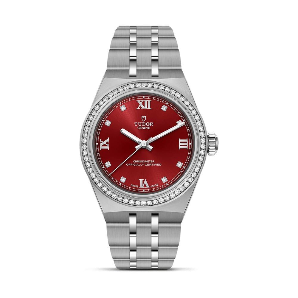 TUDOR Royal 30mm Burgundy Dial Diamond Bezel Steel Bracelet Watch