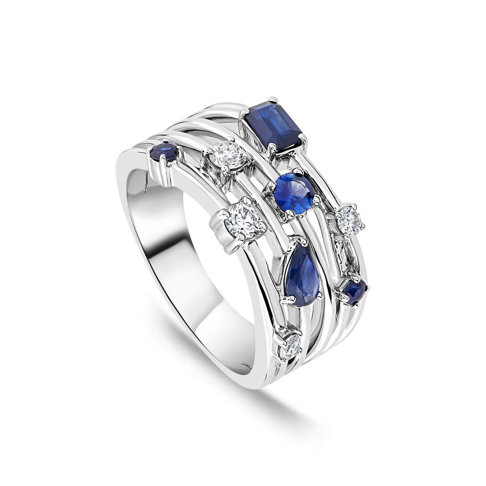 9ct White Gold Mixed Cuts Sapphire & 0.25ct Diamond Four Strands Ring