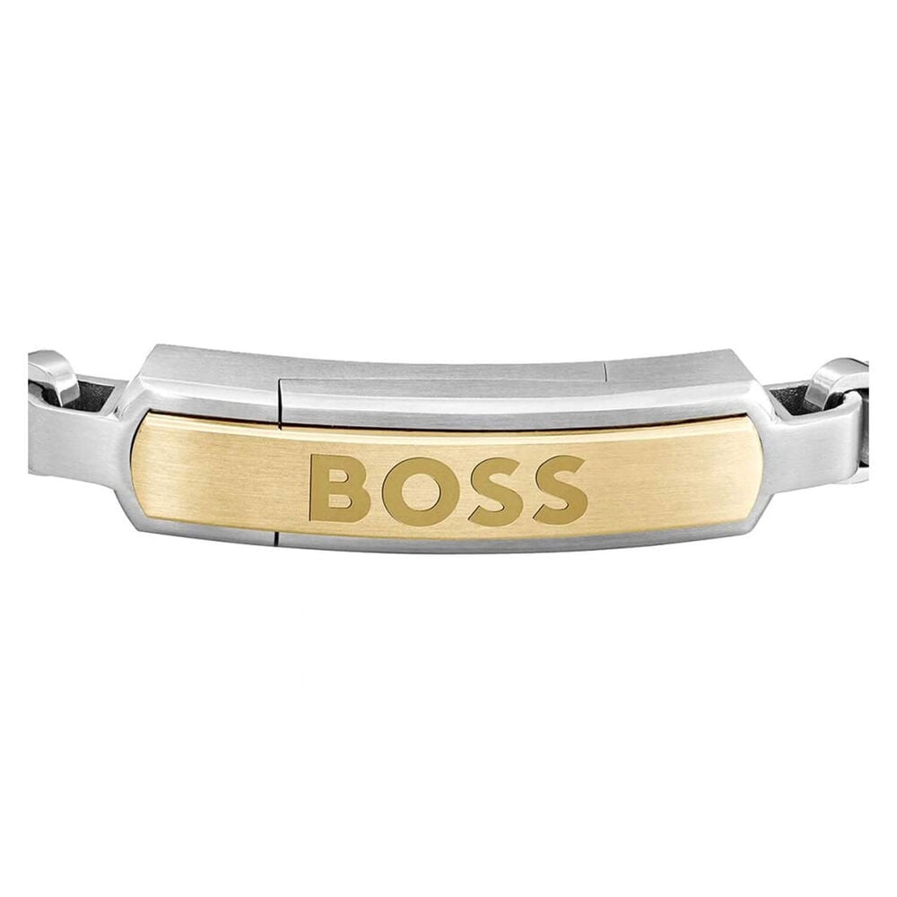 BOSS Devon Box Chain Yellow Gold Toned Logo Plate Bracelet image number 1