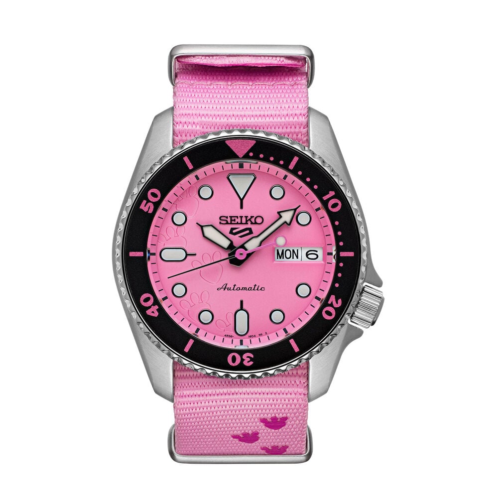 Seiko 5 Sports x Pink Panther Limited Edition 38mm Pink Dial Steel Bracelet Watch image number 7