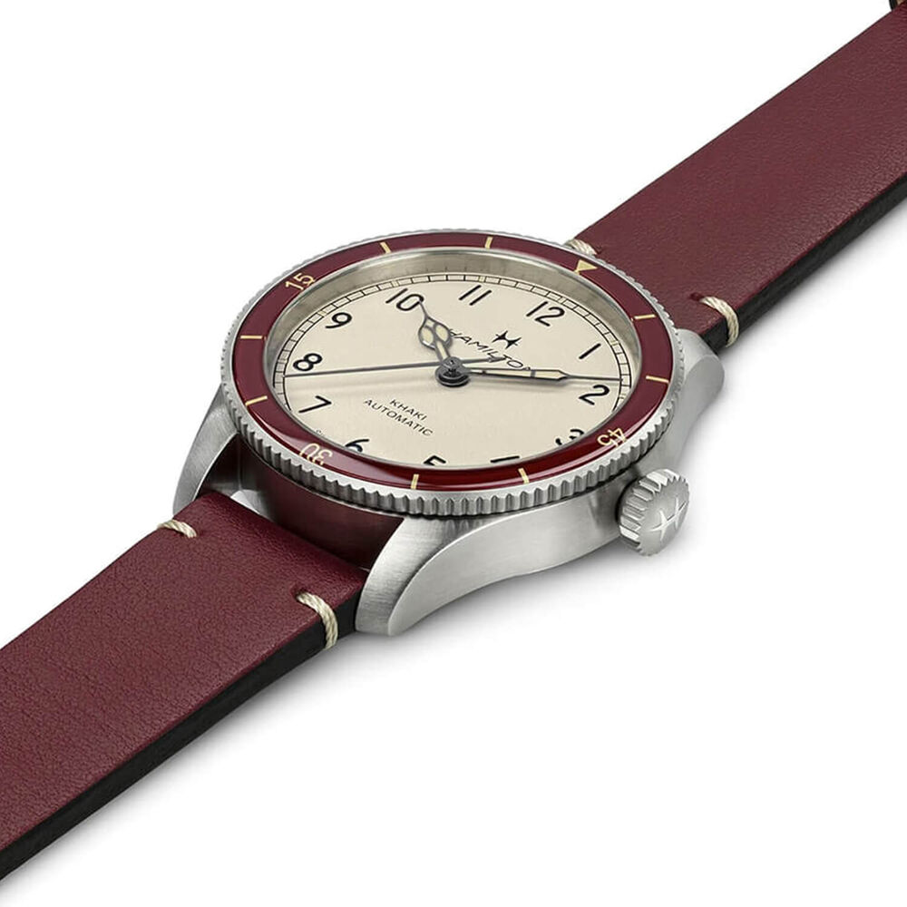 Khaki Aviation Pilot Pioneer 38mm White Dial Burgundy Leather Strap Watch image number 2