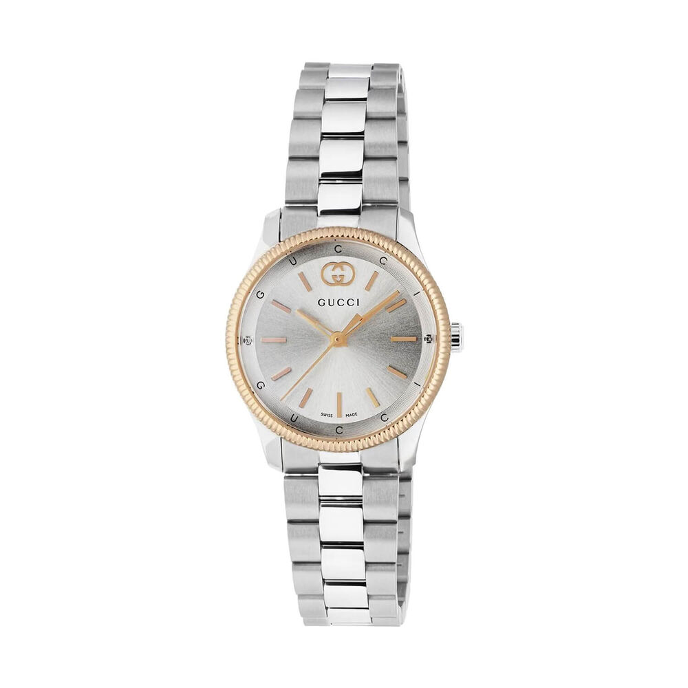 Gucci G-Timeless 29mm Silver Dial Two Diamond Dots Steel Bracelet Watch