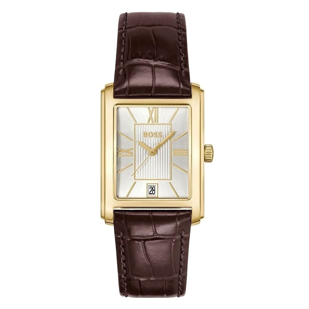 BOSS Principle Dress 28x39mm Silver Dial Gold Tone Steel Case Brown Leather Strap Watch image number 0