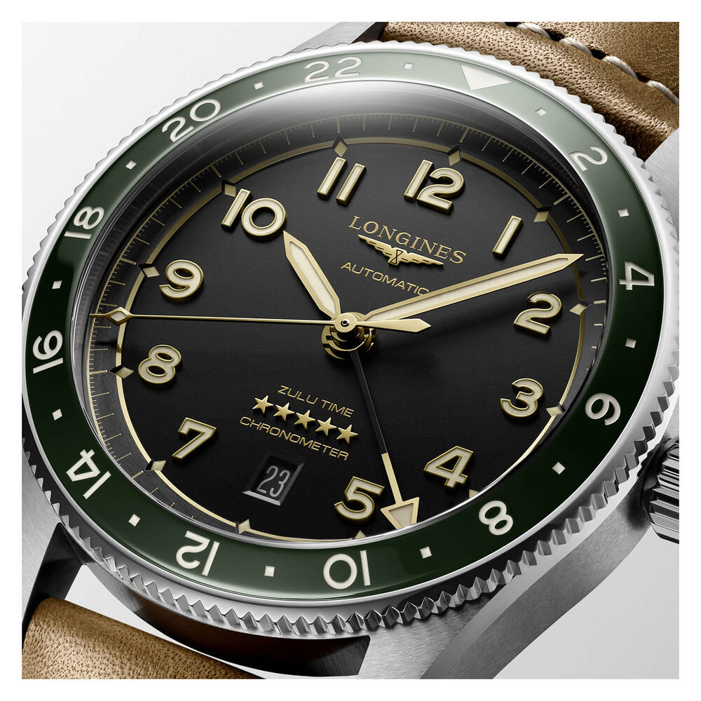 Longines Spirit Zulu 42mm Automatic Black Dial Green Bezel Brown Leather Strap Watch image number 3