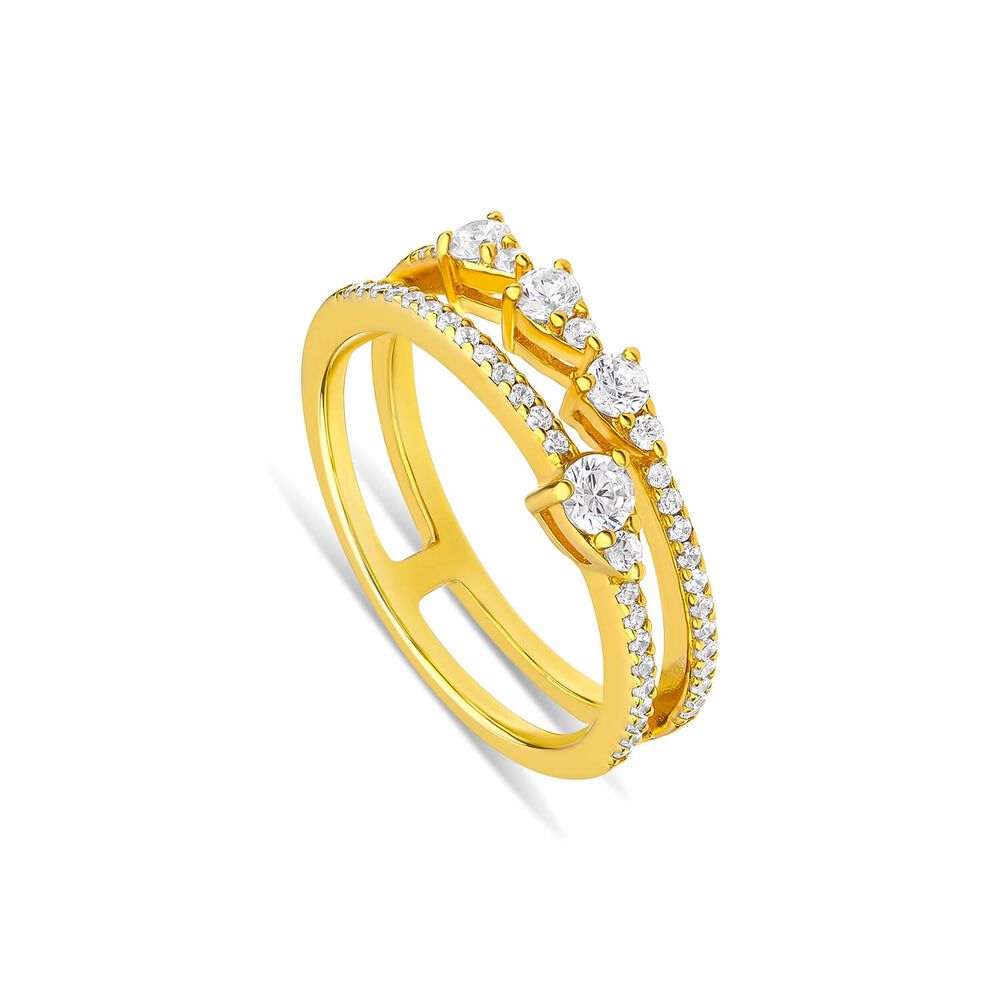 Sterling Silver Yellow Gold Plated Round Cubic Zirconia Two Row Stacking Ring
