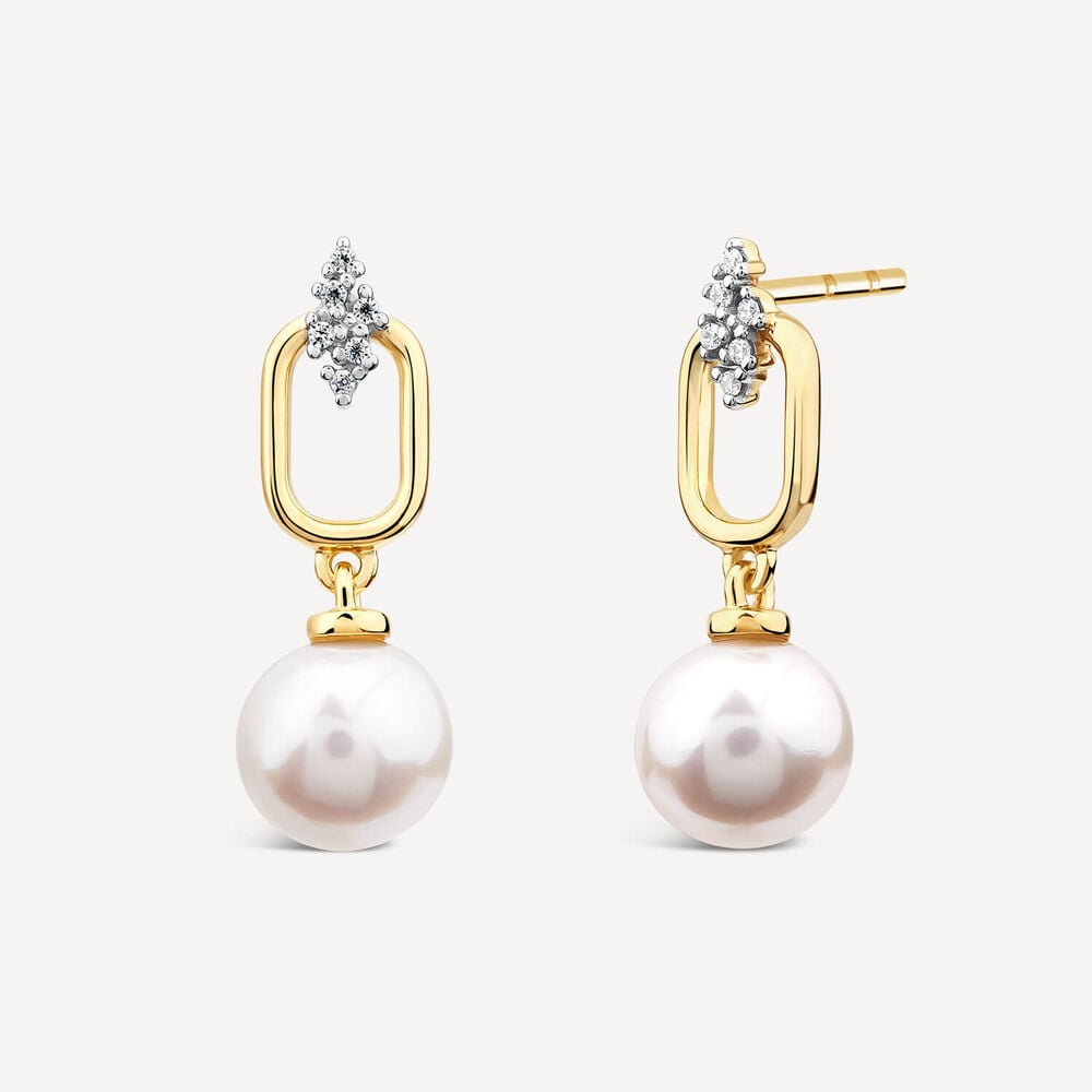 9ct Yellow Gold Freshwater Pearl & Six Diamond Stones Rectangular Tip Drop Earrings image number 1