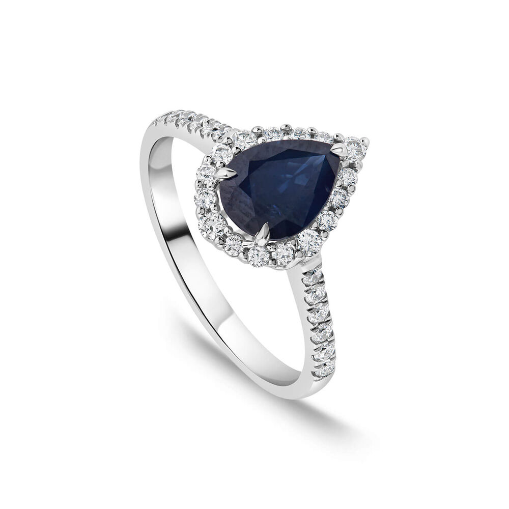 18ct White Gold Pear Sapphire Centre 0.33ct Diamond Halo & Shoulders Ring image number 0