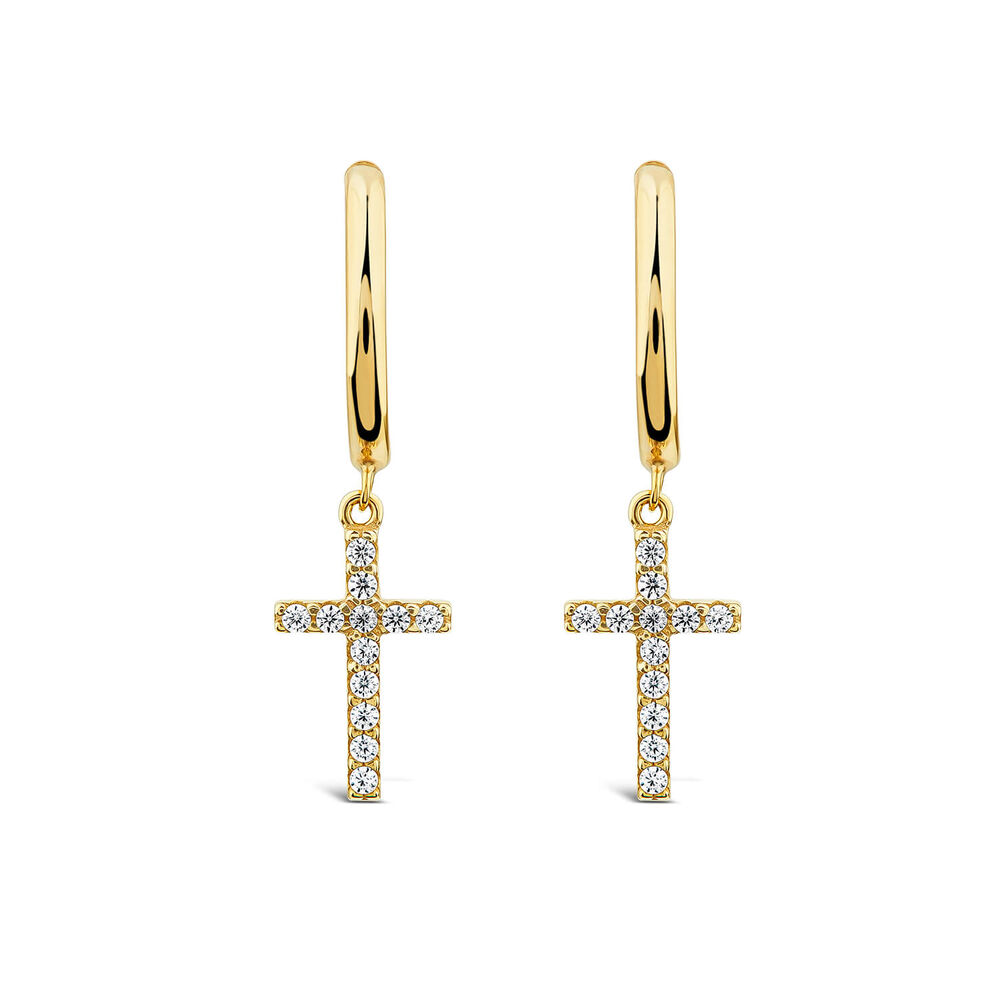 9ct Yellow Gold Cubic Zirconia Drop Cross Earrings