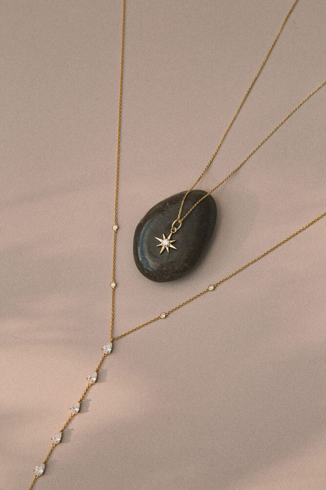 Yellow Gold Plated Sterling Silver Pear Cubic Zirconia Y Drop Necklet
