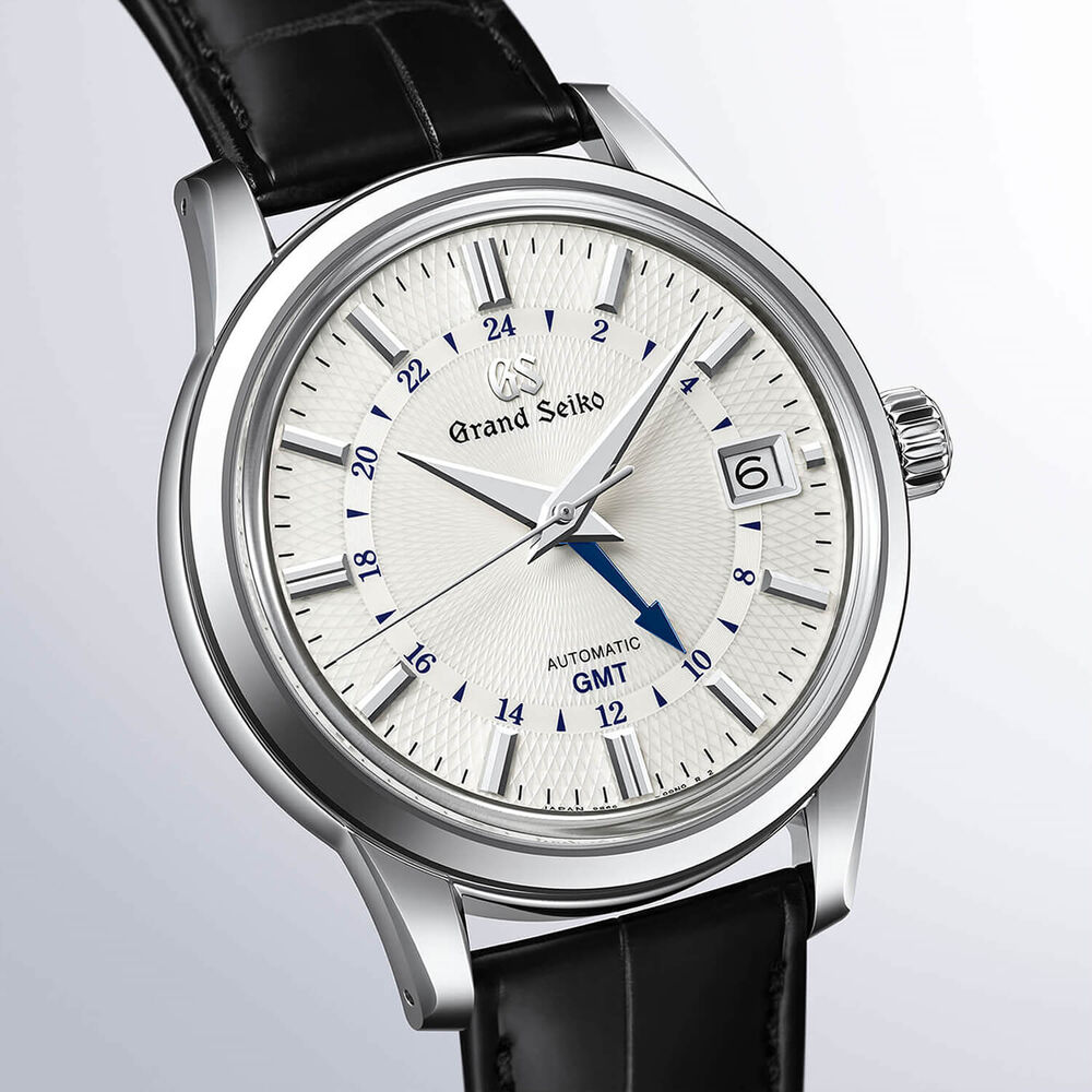 Grand Seiko 'Snowdrop' Contemporary Classics GMT 39.5mm White Dial Black Leather Strap Watch image number 2