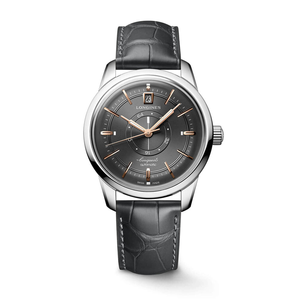 Longines Conquest Heritage Central Power Reserve 38mm Anthracite Dial Grey Leather Strap Watch