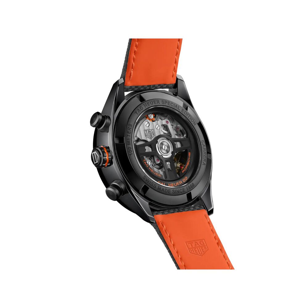 TAG Heuer Carrera Chronograph x Porsche Orange Racing 44mm Black Dial Leather Strap Watch image number 3