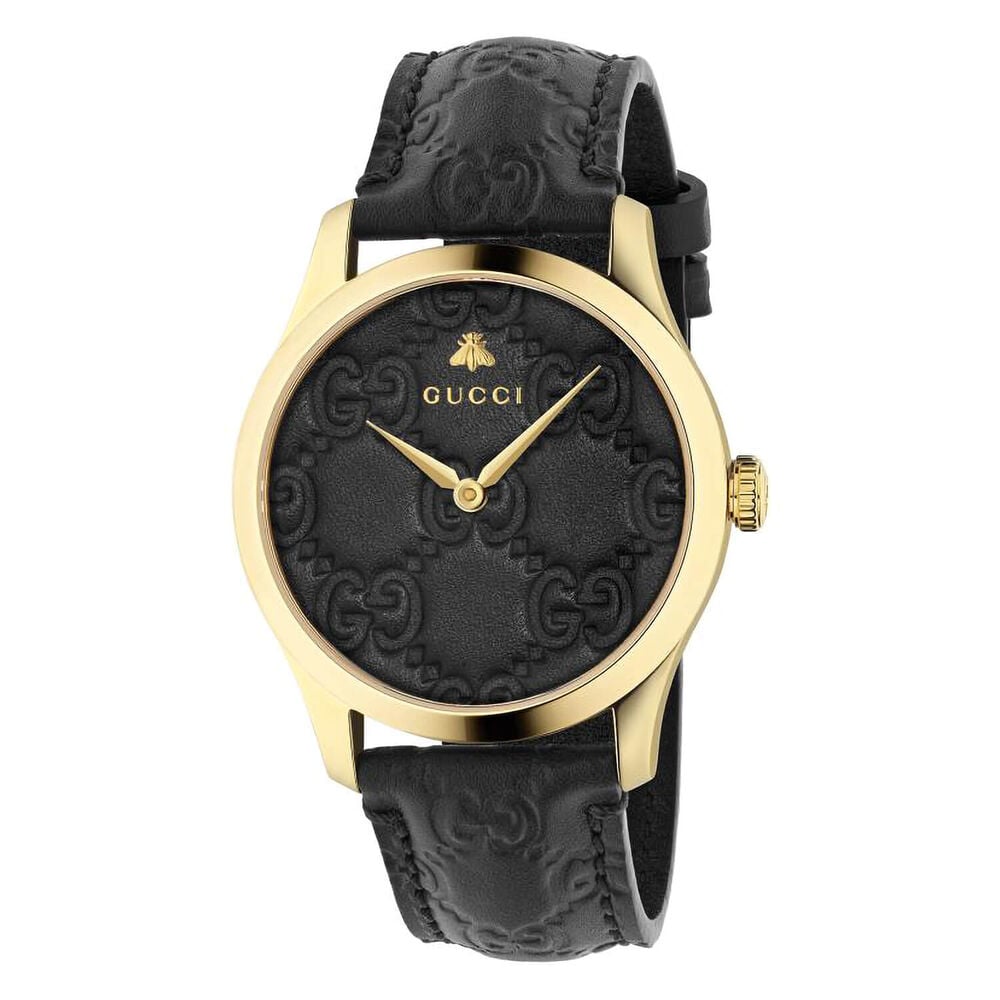 Gucci G-Timeless 38mm Black Dial Yellow Gold PVD Black Strap Watch