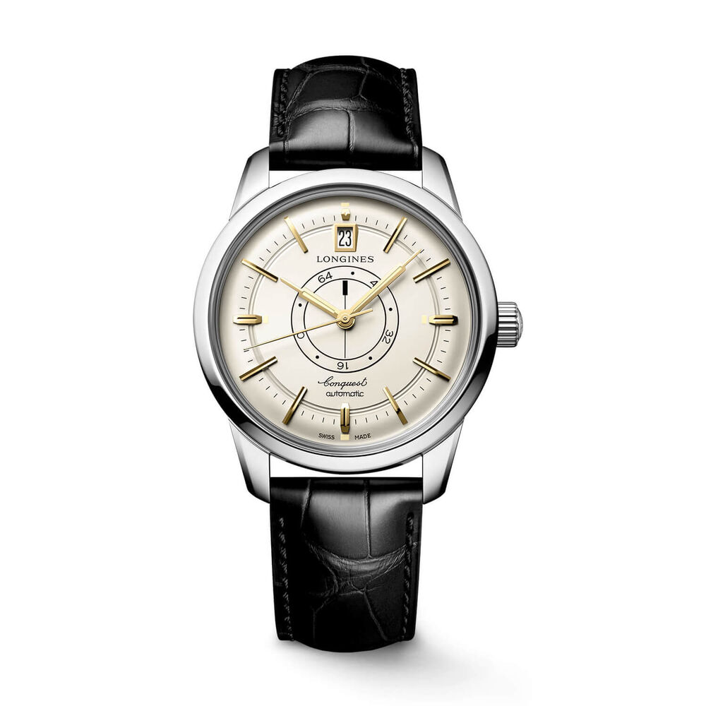 Longines Conquest Heritage Central Power Reserve 38mm Champagne Dial Black Leather Strap Watch image number 0