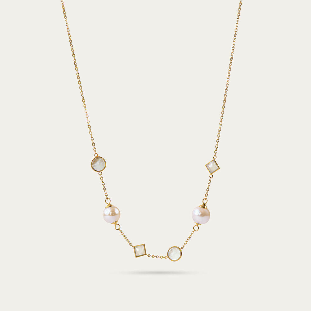 9ct Yellow Gold Freshwater Pearl & Mother of Pearl Station Necklet