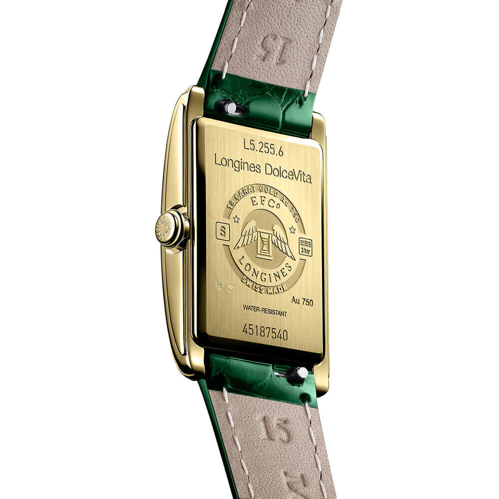 Longines DolceVita 20.50x32mm Green Dial 18ct Yellow Gold Case Alligator Strap Watch image number 3
