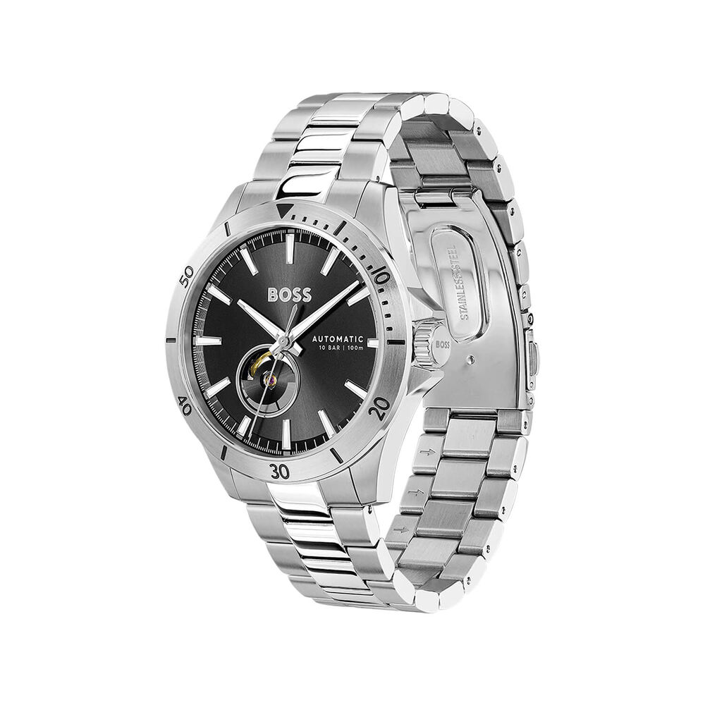 BOSS Troper Automatic 42mm Black Open Heart Dial Steel Bracelet Watch image number 2