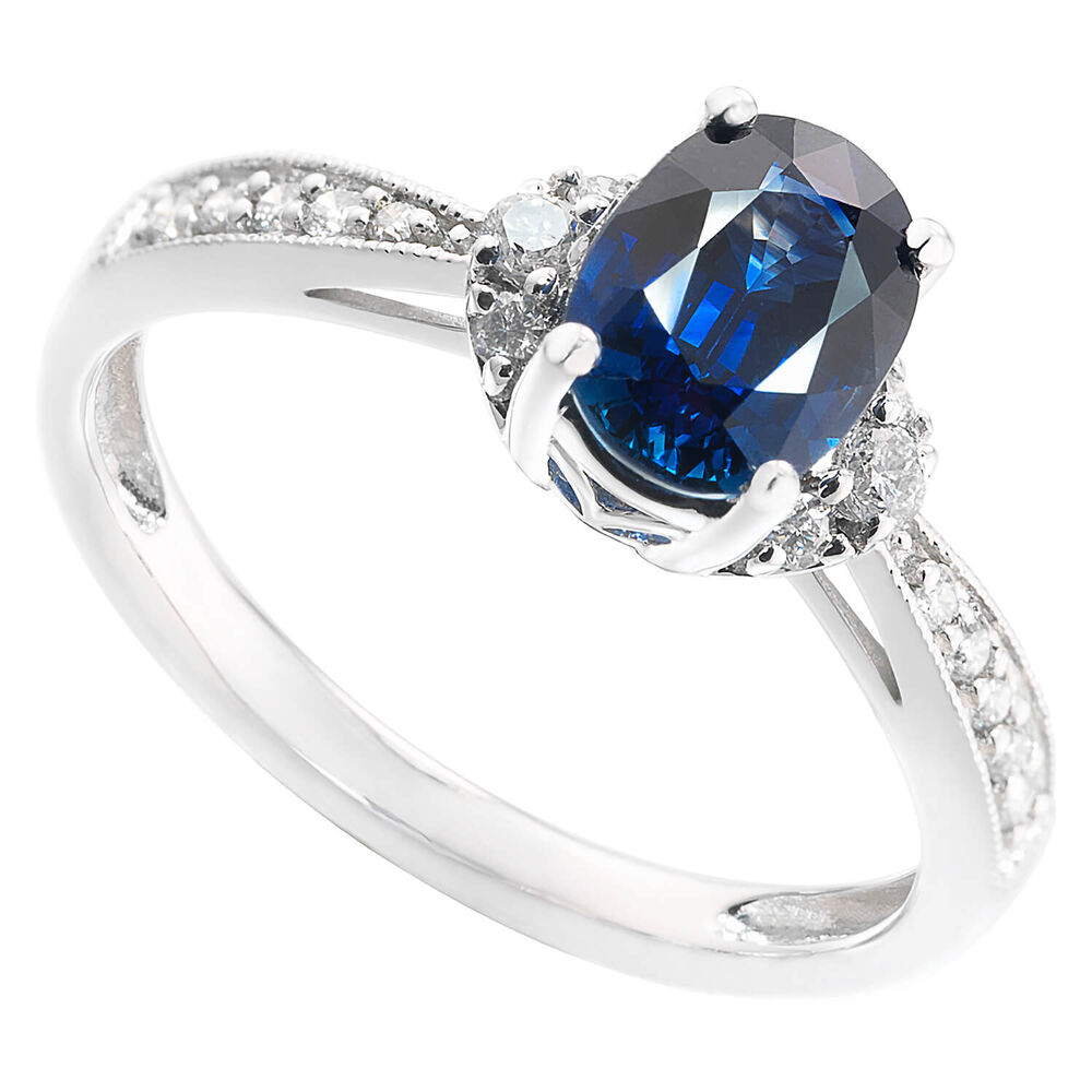 18ct White Gold 0.15ct Diamond & Oval Sapphire Ring image number 0