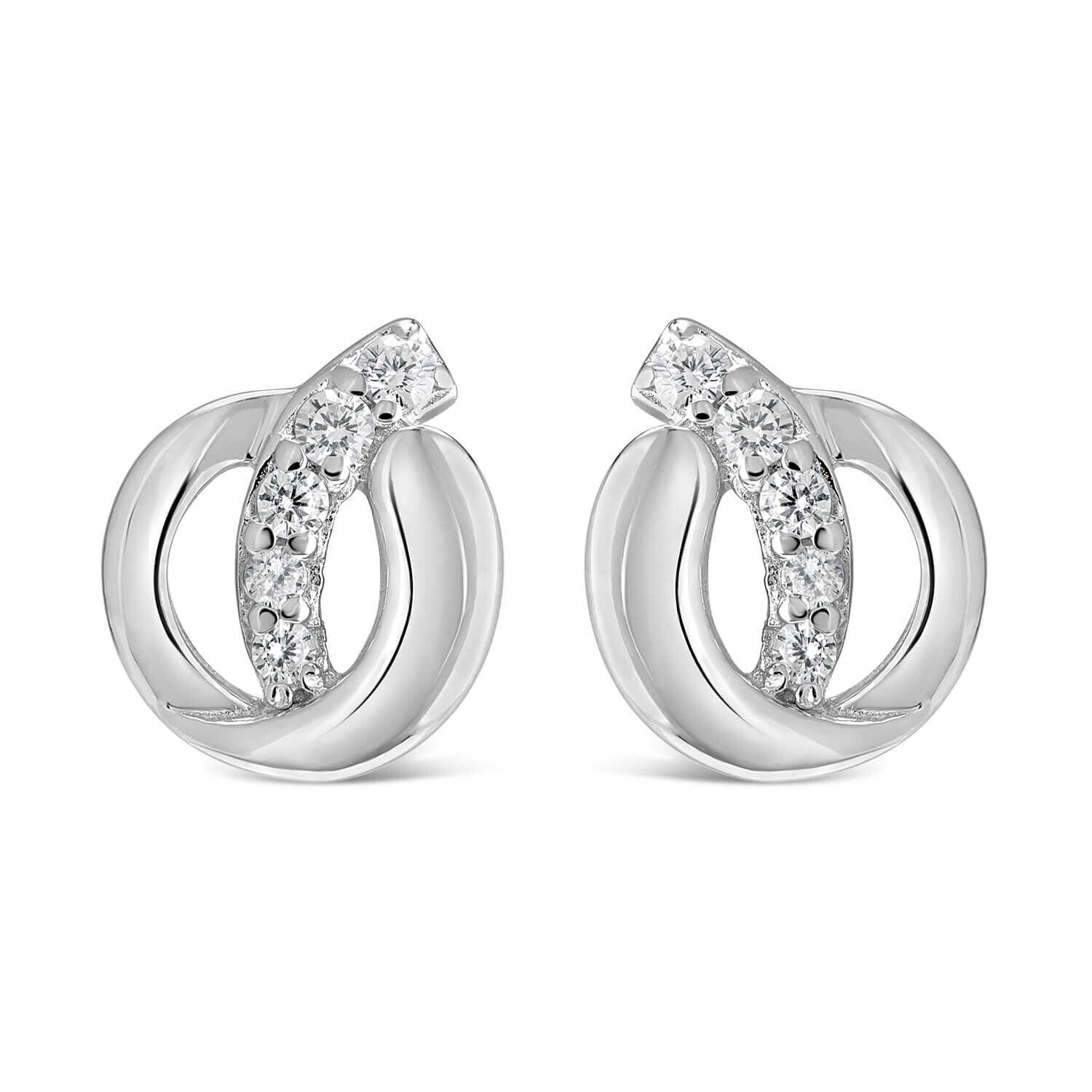 Ladies Sterling Silver Circle with Cubic Zirconia Tail Stud Earrings