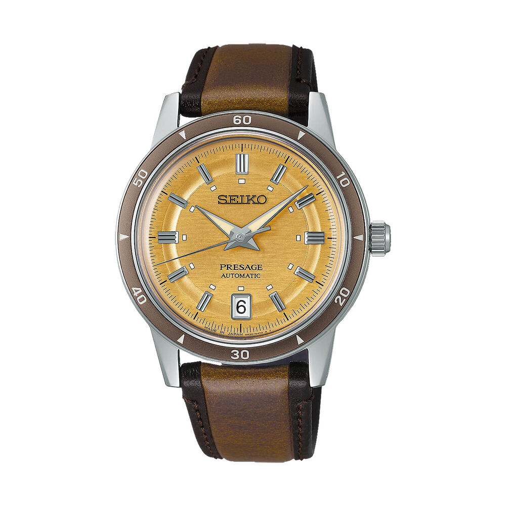 Seiko Presage Style 60s 'Golden Yellow' 39.5mm Dial Brown Leather Strap Watch image number 0