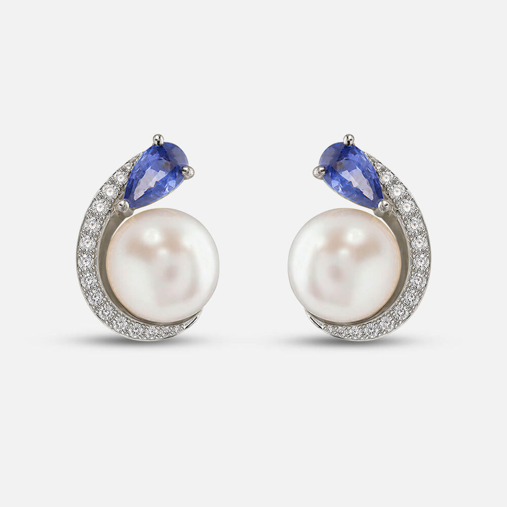 9ct White Gold Freshwater Pearl Sapphire 0.11ct Diamond Curl Earrings