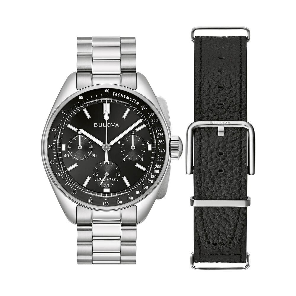 Bulova Lunar Pilot 43.5mm Black Dial Steel Bracelet & Black Leather Strap Set Watch image number 2