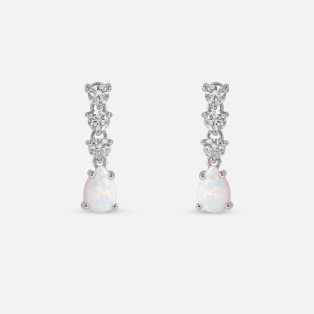 Sterling Silver Pear Opal 3 White Cubic Zirconia Top Drop Earrings