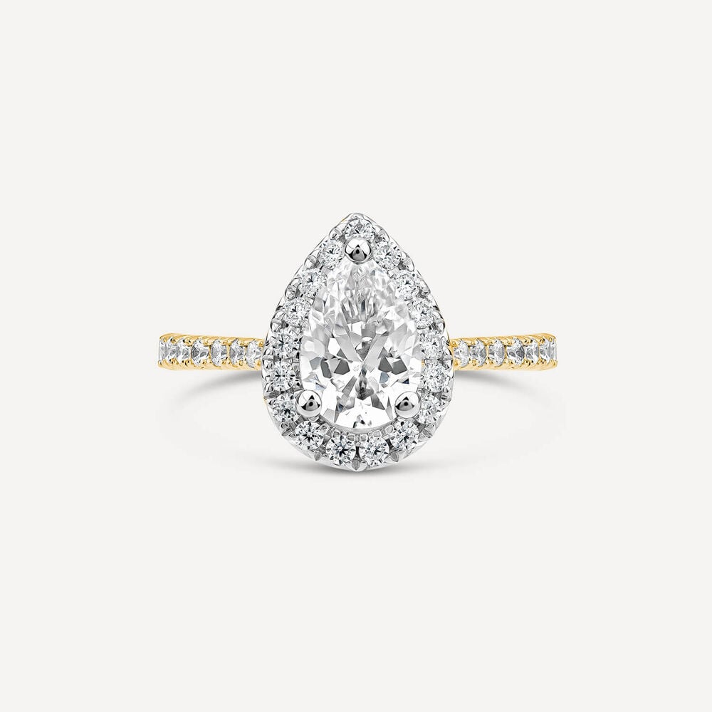 Born 18ct Yellow Gold 1.61ct Lab Grown Pear Halo & Diamond Sides Ring