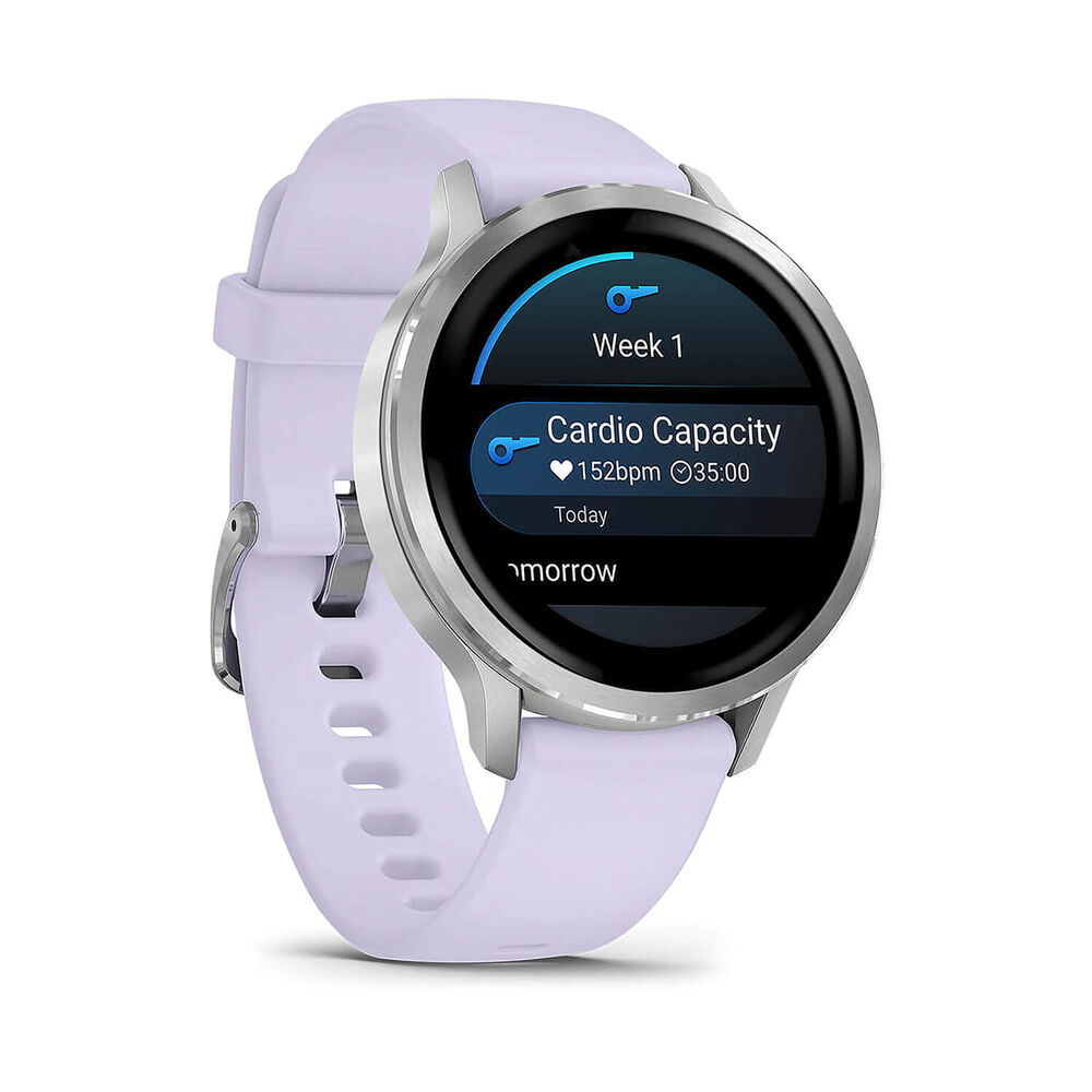Garmin Venu 4 41mm Silver Bezel Periwinkle Silicone Strap Watch image number 3