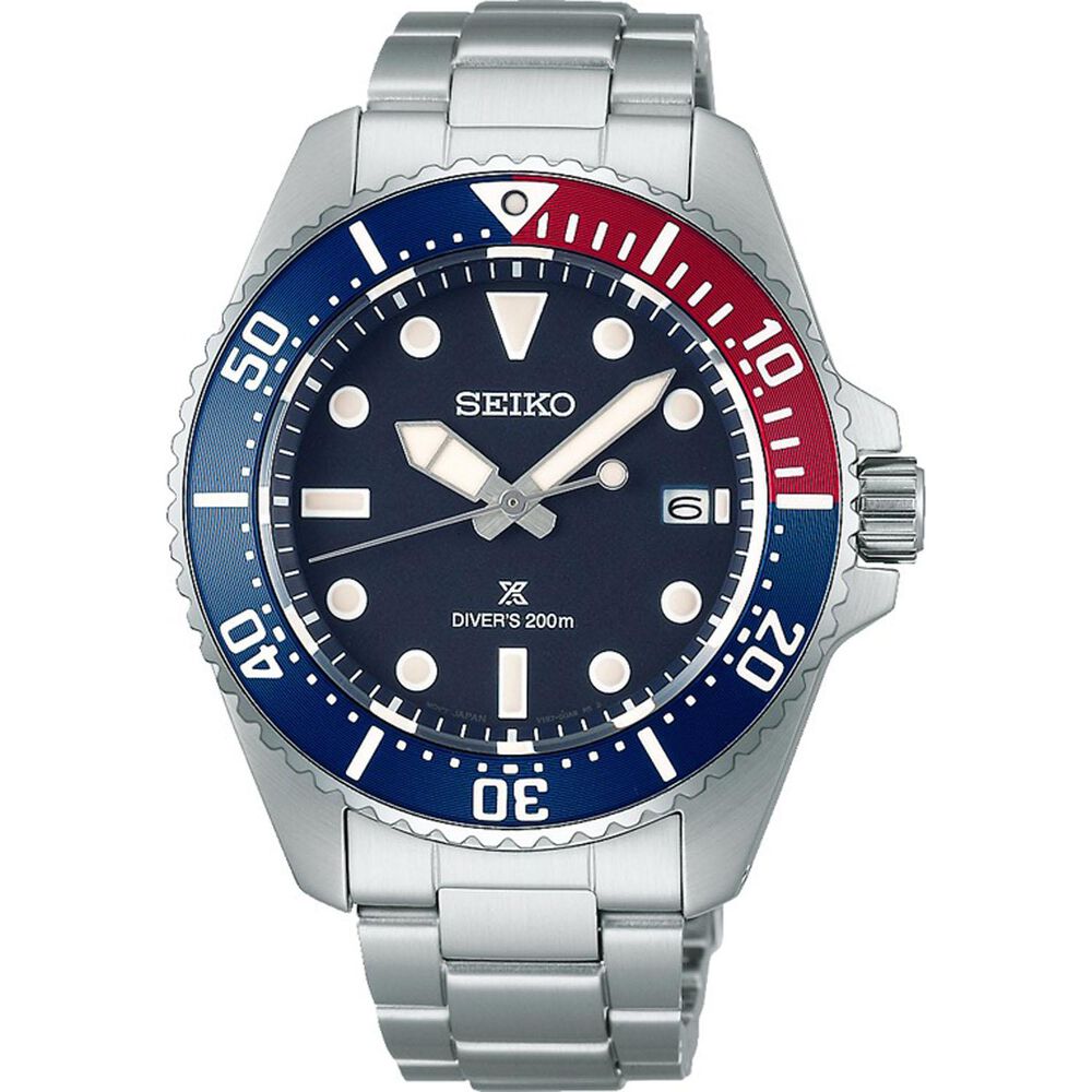 Seiko Prospex Solar Diver’s 41mm Blue Dial Red & Blue Bezel Stainless Steel Bracelet Watch image number 0