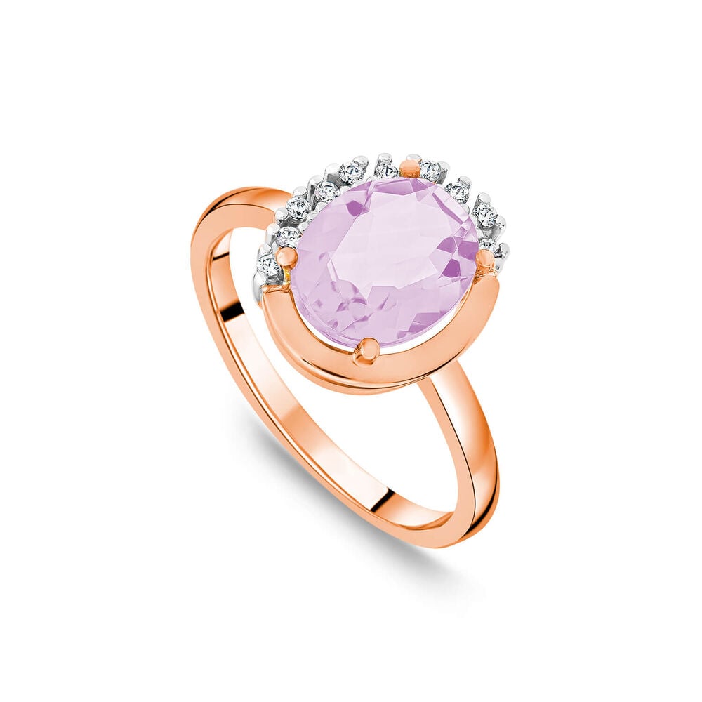 9ct Rose Gold Oval Amethyst & Half Set Diamond Surrounded Ring image number 0