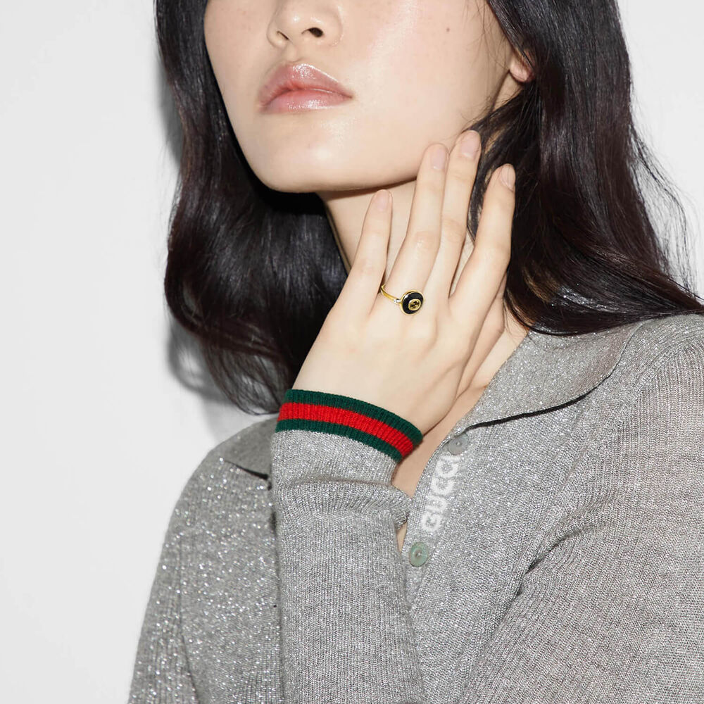 Gucci Interlocking Onyx 18k Yellow Gold Ring (UK Size M - N)