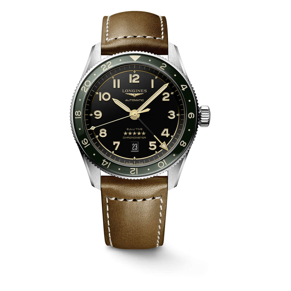 Longines Spirit Zulu 42mm Automatic Black Dial Green Bezel Brown Leather Strap Watch