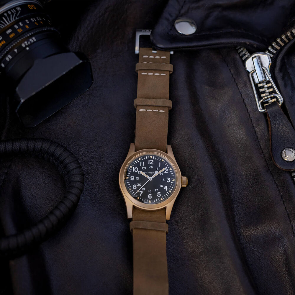 Hamilton Khaki Field 42mm Black Dial Bronze Case Leather Strap Watch image number 7