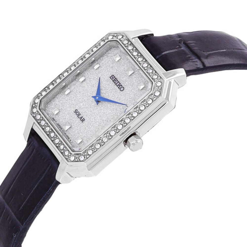 Seiko Solar 25mm Rectangular Dial Crystal Stone Set Bezel Blue Leather Strap Watch image number 2