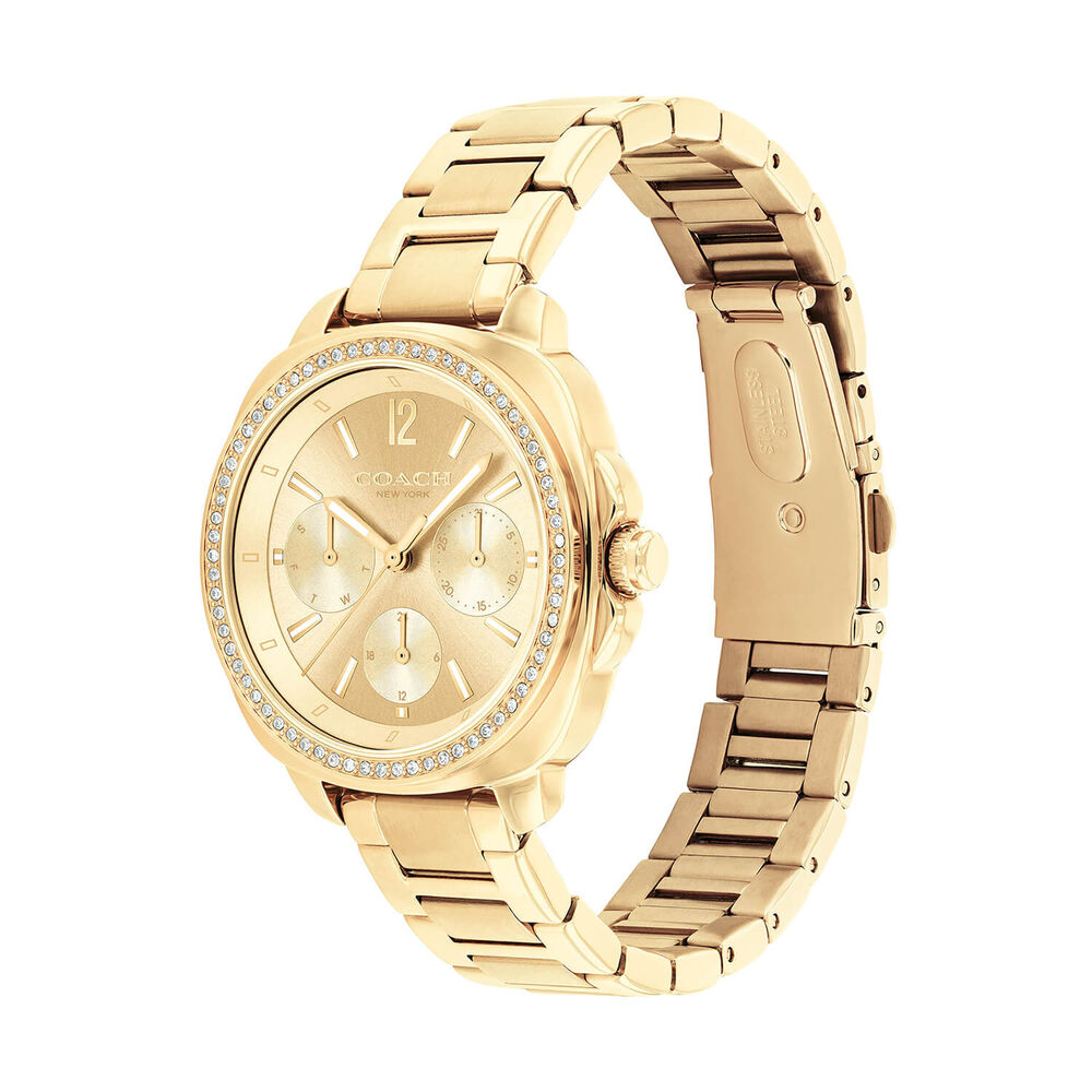 Coach Kitt 34mm Gold Dial Crystal Bezel Gold Tone Steel Bracelet Watch