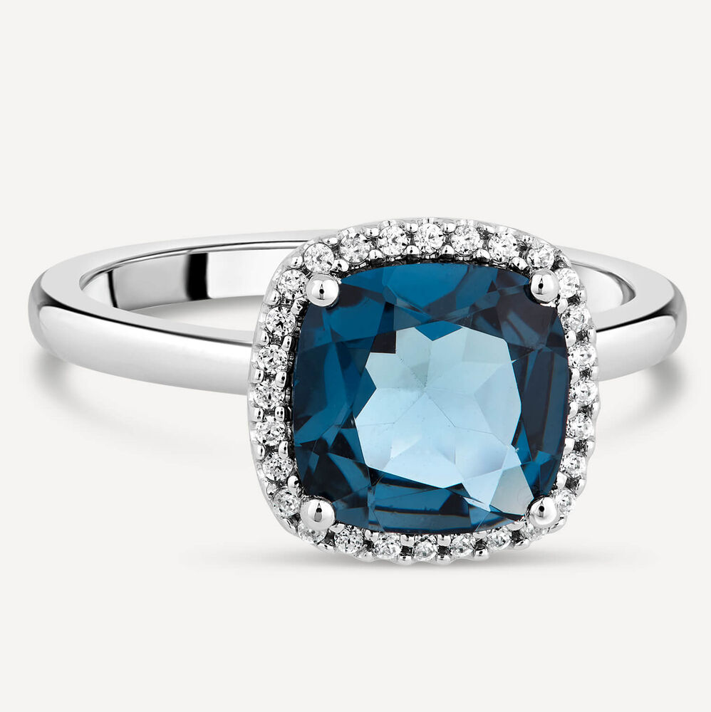 9ct White Gold Cushion London Blue Topaz Diamond Halo Ring image number 2