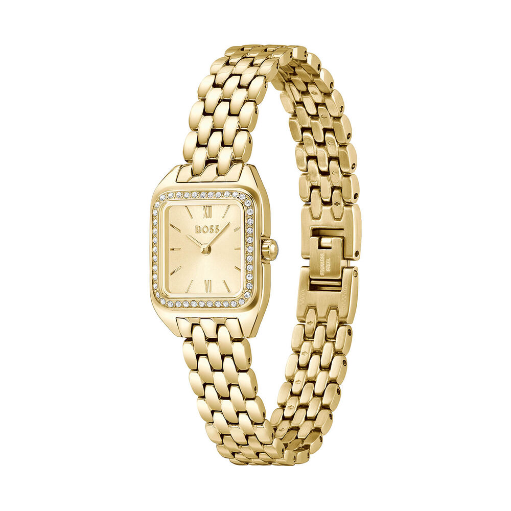 BOSS Mae Petite 22mm Gold Dial Crystal Set Bezel Steel Bracelet Watch