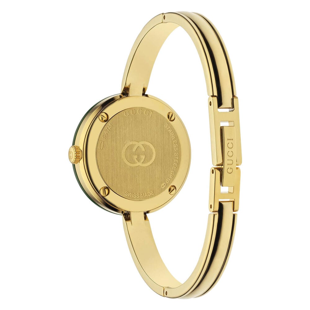 Gucci Play 28mm White Dial Interchangable Bezels Gold Tone Bangle Watch