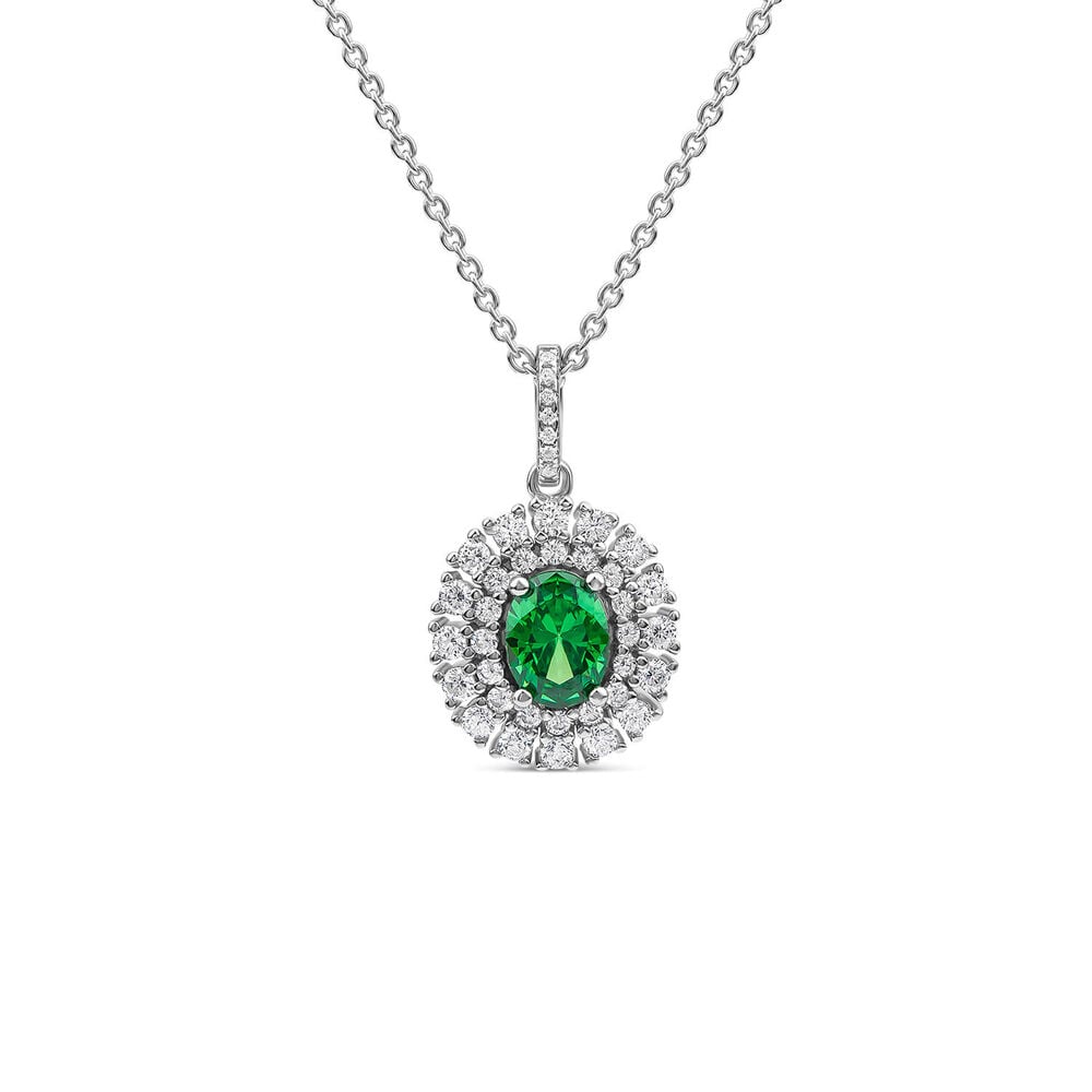 Sterling Silver Green & White Cubic Zirconia Double Halo Pendant