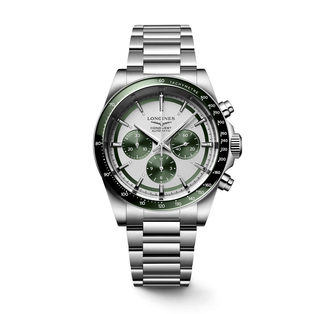 Longines Conquest 42mm Silver Dial Green Bezel Steel Bracelet Watch image number 0